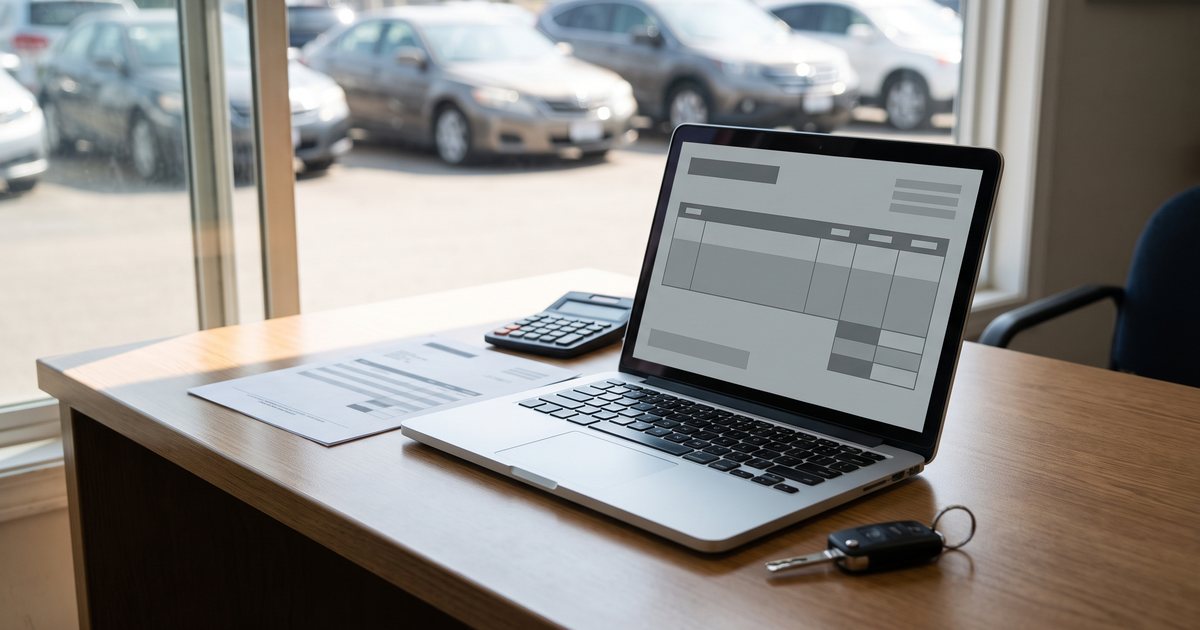 Laptop showing an invoice layout beside a printed invoice, a calculator and a car key on a rental office desk