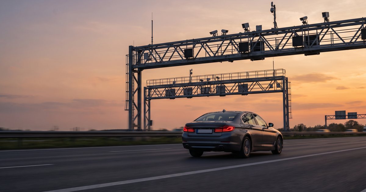 Rental car passing under an electronic toll gantry on a highway at dusk