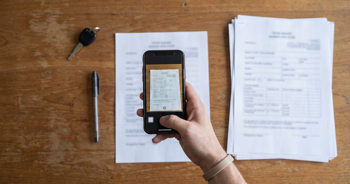 A hand photographing a paper rental contract with a smartphone, next to a stack of contracts, a pen and a car key