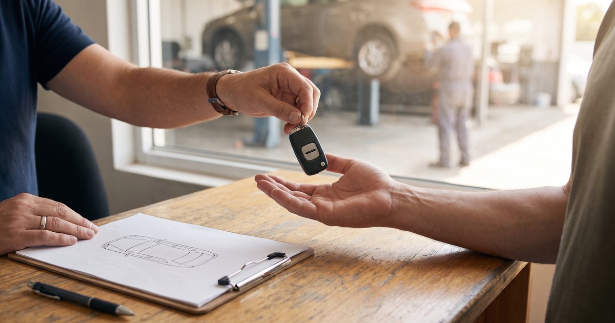 Hands passing a car key across a counter beside a clipboard with a blank vehicle diagram, with a repair shop behind the window
