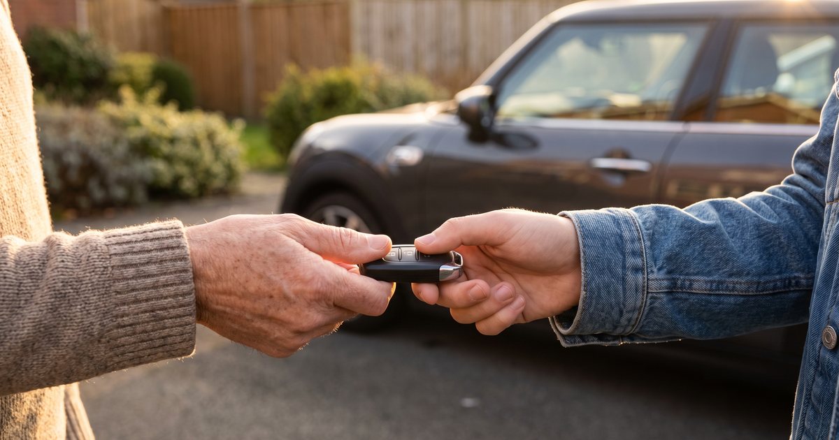 One person's hand passing a car key fob to another in a residential driveway, with a compact SUV behind them