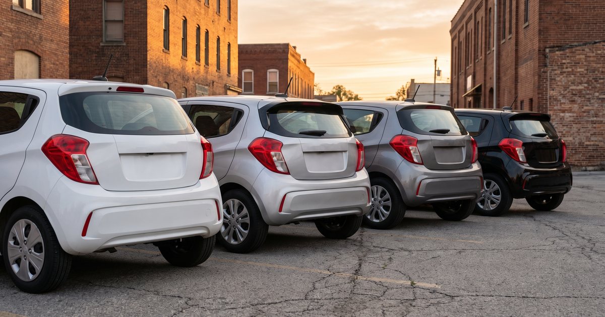 The rear ends of four compact hatchbacks parked in a row in a small city lot at sunrise