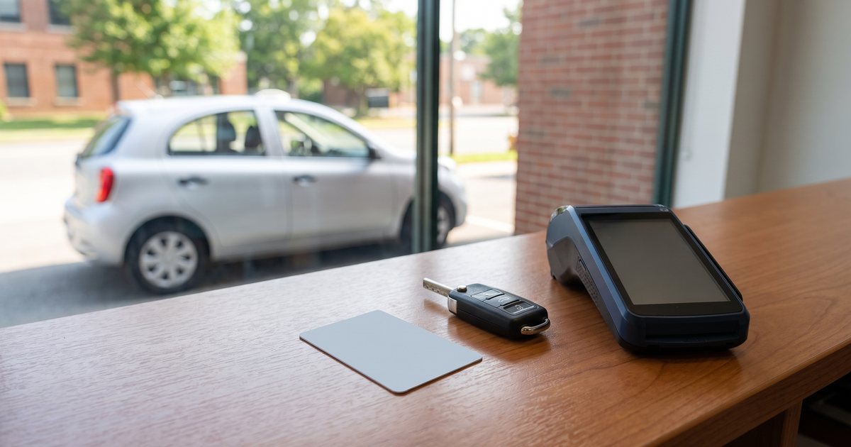 A blank payment card, car key and card terminal on a rental counter, with a small silver car outside the window
