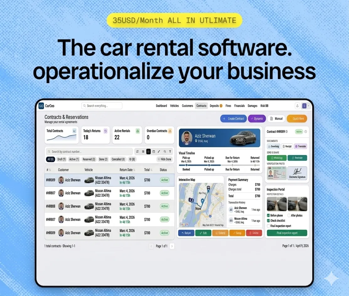 Real CarCEO full contracts view with map and inspection