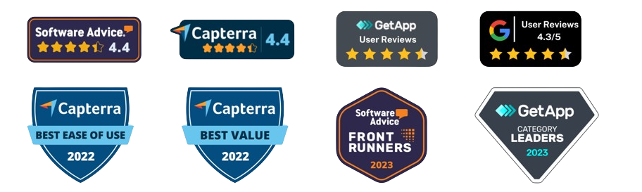 Software Advice 4.4/5, Capterra 4.4/5, GetApp 5-star user reviews, Google 4.3/5 · Capterra Best Ease of Use 2022 · Capterra Best Value 2022 · Software Advice Front Runners 2023 · GetApp Category Leaders 2023